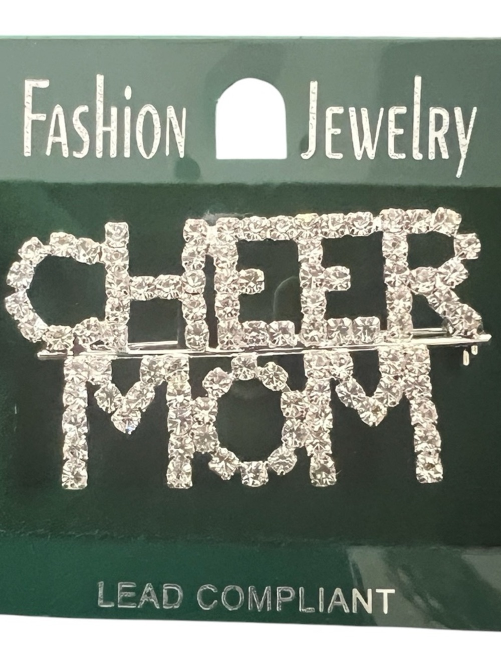 Rhinestone "CHEER MOM" Brooch Pin - Silver Sparkle